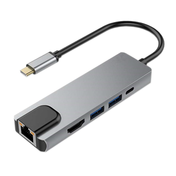 5-in-1 USB-C Hub Adapter – LAN Ethernet, USB-C PD, 2× USB 3.0, HDMI
